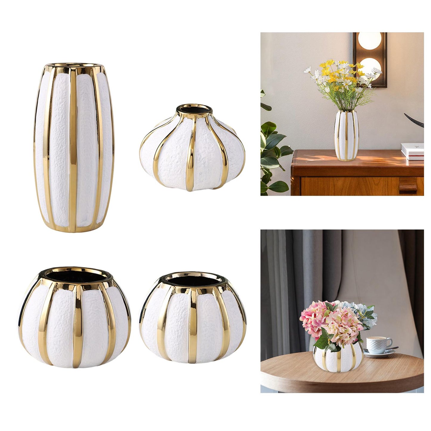 Elegant White and Gold Ceramic Vase Treasures – Light Luxury Tabletop Flower Pot for Wedding and Dining Room Decoration