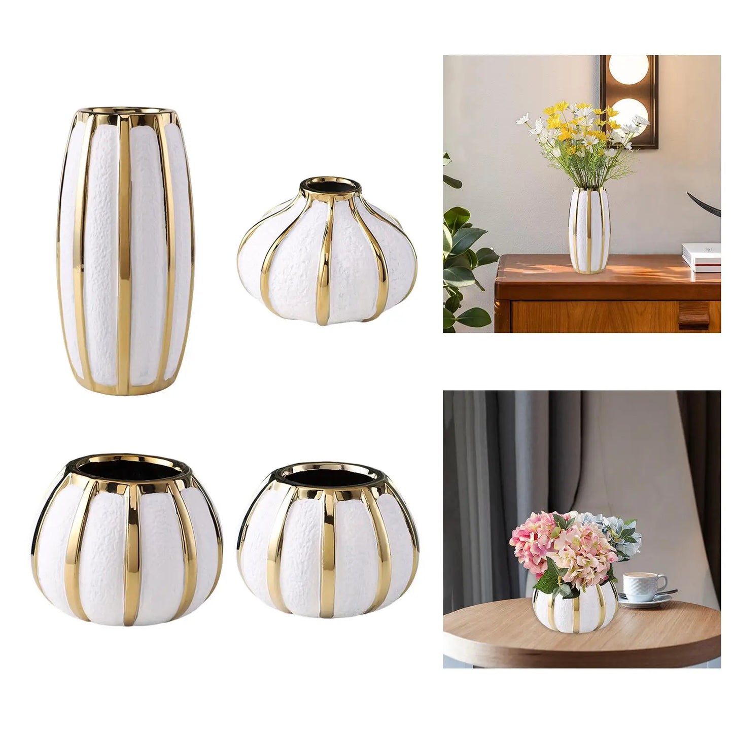 Elegant White and Gold Ceramic Vase Treasures – Light Luxury Tabletop Flower Pot for Wedding and Dining Room Decoration