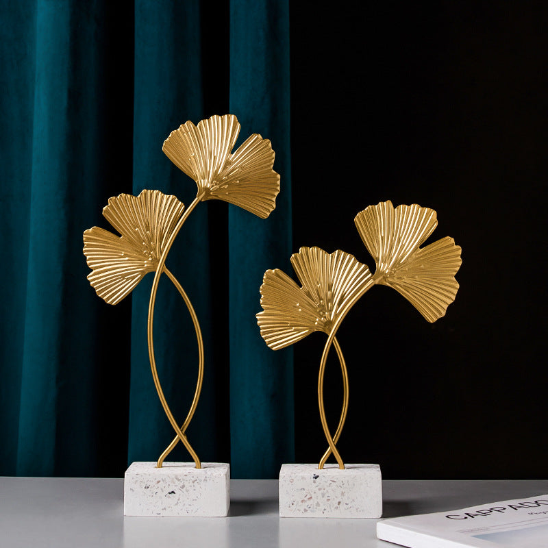 Nordic Ginkgo Leaf Metal Ornaments with Marble Base | Stylish Home Decor