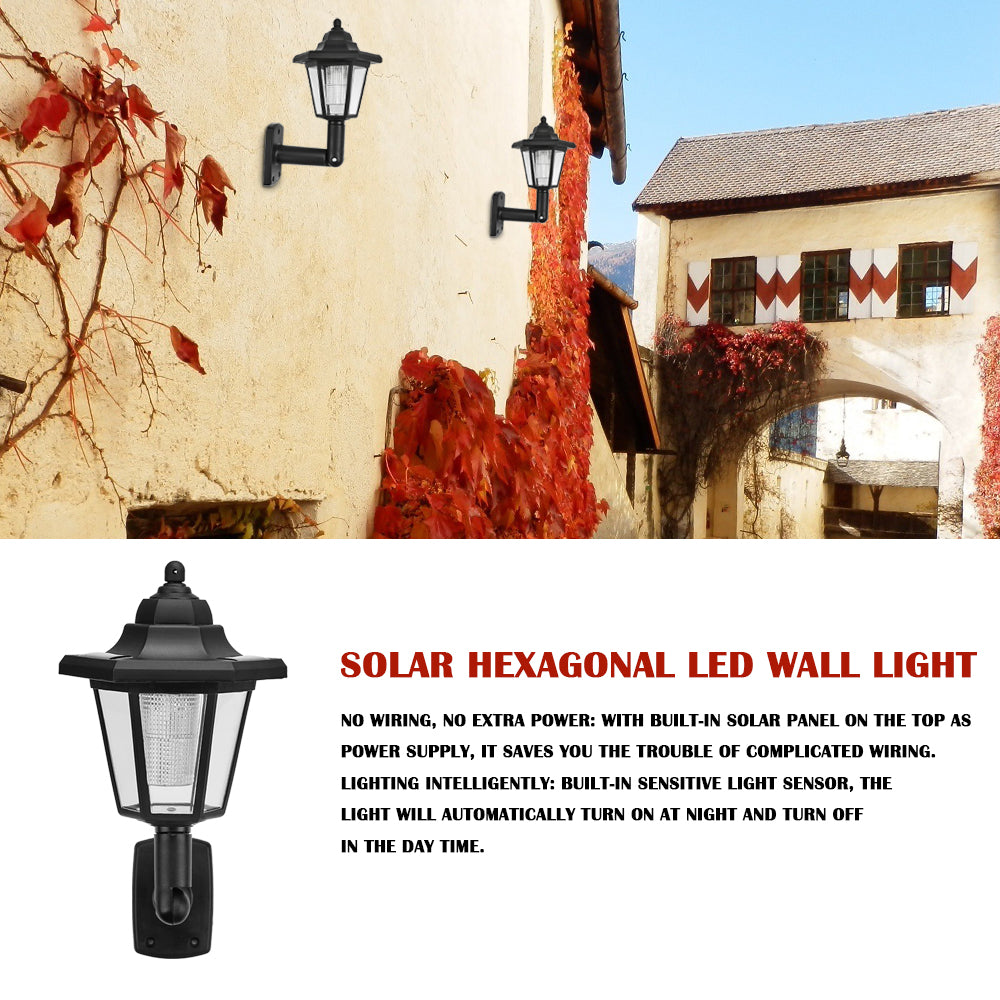 2-Pack Waterproof Solar LED Hexagonal Wall Lamps - No Wiring Required, warm light